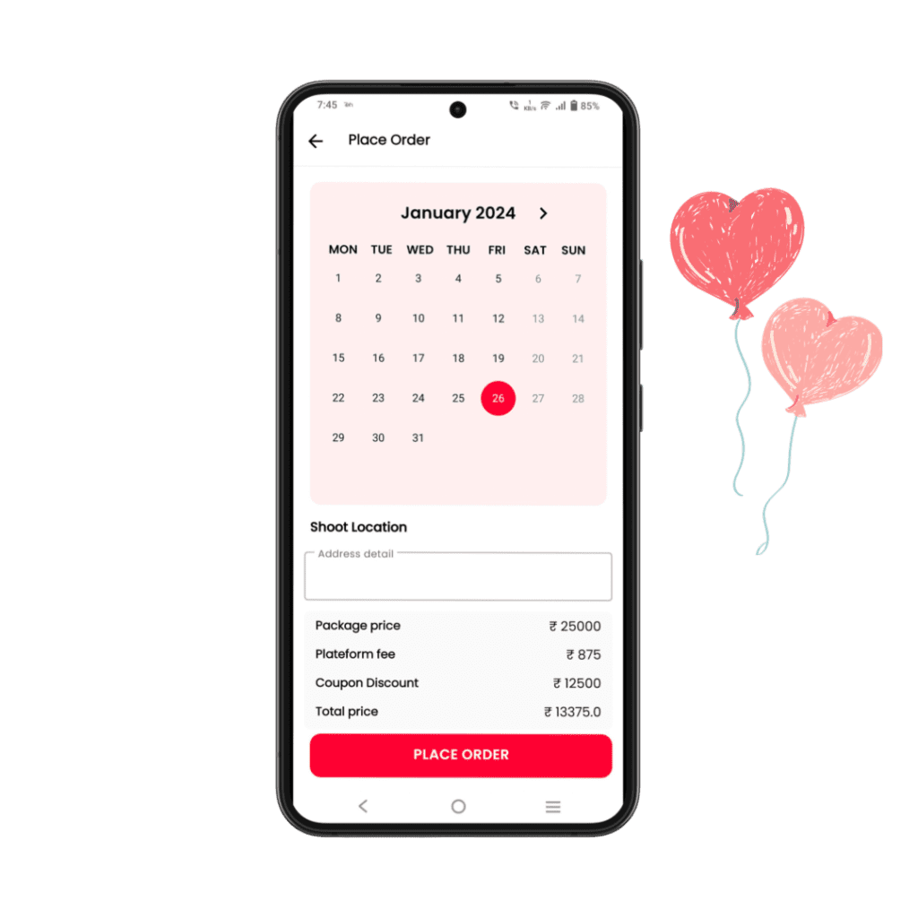 Choose the photography booking dates in Calendar
