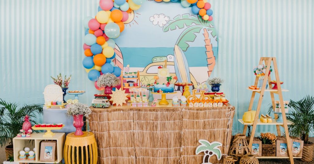 Birthday area with colorful balloons over decorated table with festive cake and presents
