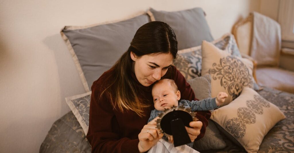 Mother and baby bonding in a warm, cozy bedroom, symbolizing love and parenthood.