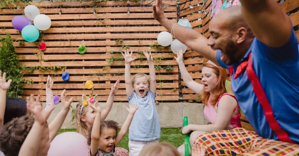 Kids and adults having fun at a lively outdoor birthday party.