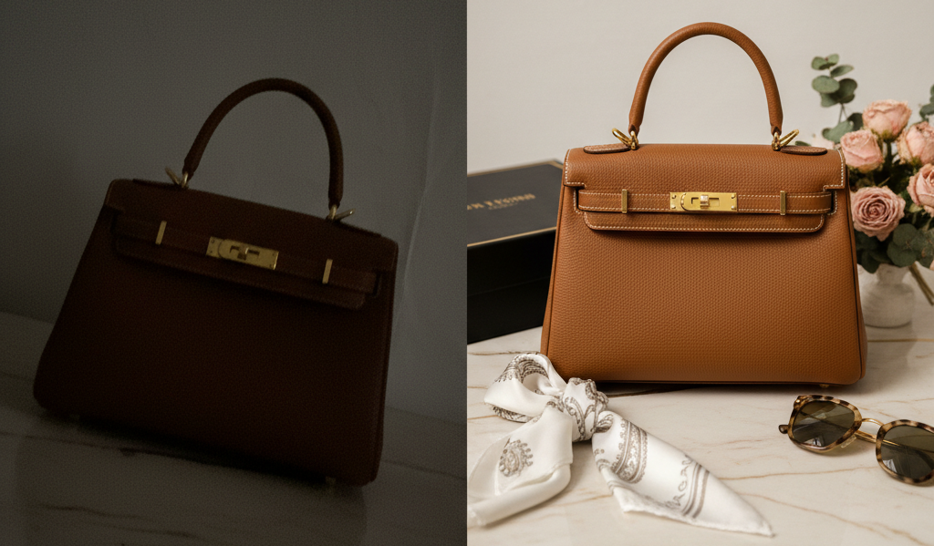 Comparison of bad and good quality handbag image