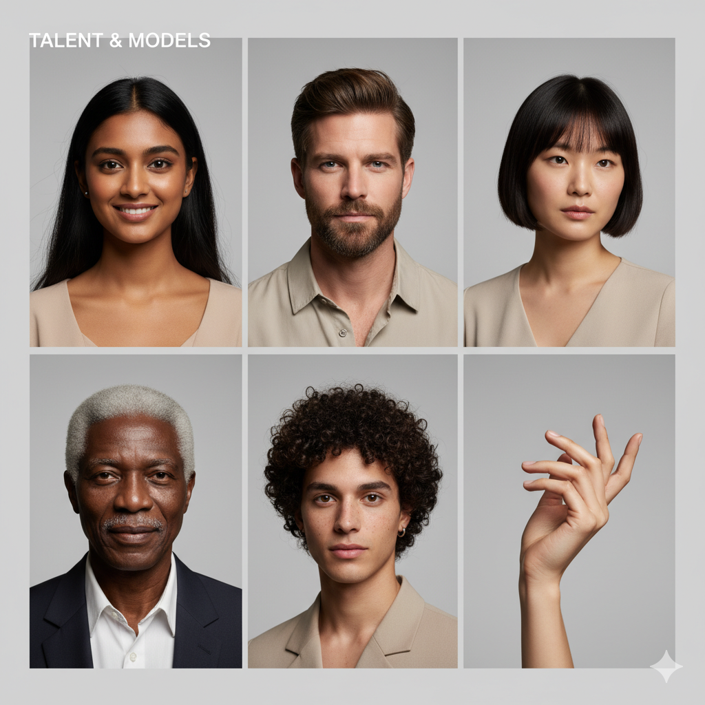 Indian and international models of diverse age groups posing in professional studio with hand model close-up – AnyTimeShoot