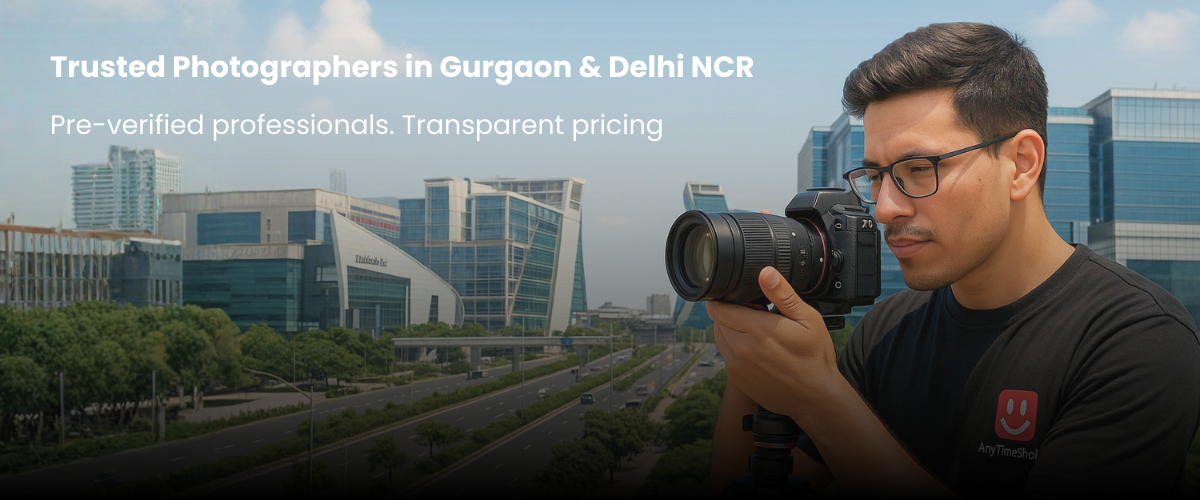 AnyTimeShoot photographer shooting with a DSLR camera in front of the Gurugram Cyber City skyline.