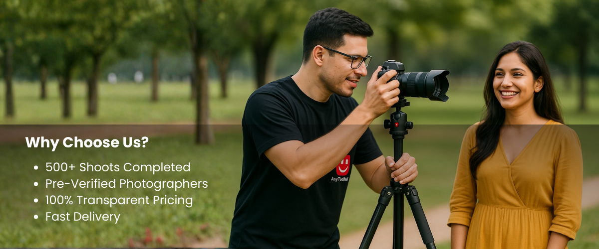 Smiling woman posing for an AnyTimeShoot photographer during a friendly outdoor photoshoot session