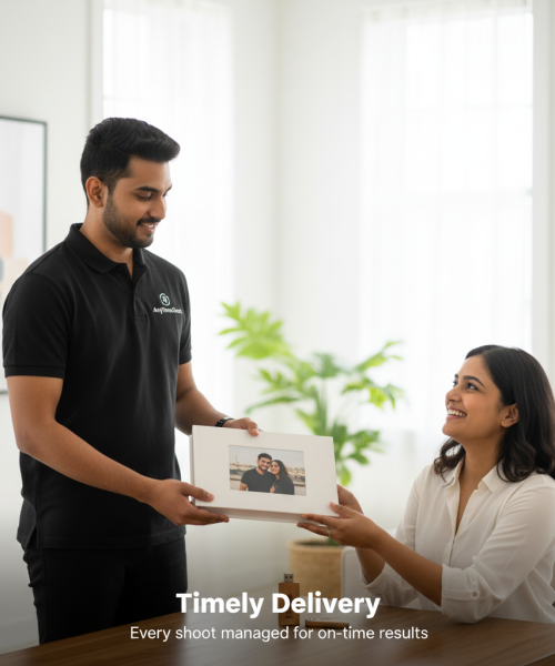 A warm and realistic lifestyle image showing an AnyTimeShoot representative handing over the final edited photos to a satisfied customer. The setting is bright and modern, reflecting trust, efficiency, and punctuality. Both individuals appear happy and professional. The image visually reinforces AnyTimeShoot’s commitment to timely delivery and maintaining consistent quality for every project. Text on image: “Timely Delivery — Every shoot managed for on-time results Professional Indian photographer from AnyTimeShoot delivering final photos to a smiling client, symbolizing on-time delivery and reliable service.