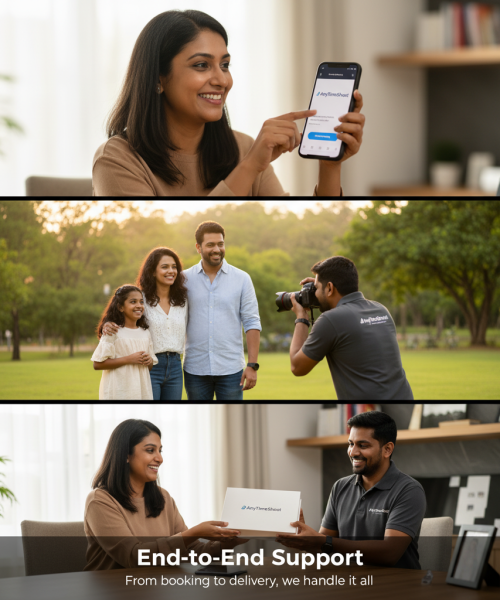 A seamless vertical collage representing the three stages of a photography experience with AnyTimeShoot: Customer booking through the AnyTimeShoot app, Photographer capturing vibrant moments on location, Team member delivering edited results to the client. Each frame maintains a consistent visual tone, depicting efficiency, coordination, and customer satisfaction. The collage communicates AnyTimeShoot’s end-to-end service model and reliability. Text on image: “End-to-End Support — From booking to delivery, we handle it all Collage showing the complete AnyTimeShoot photography journey — booking, shoot, and delivery — highlighting smooth end-to-end service management.