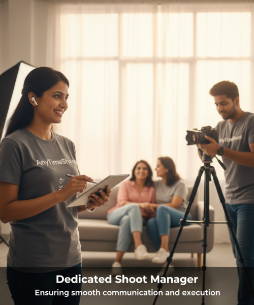 A realistic lifestyle photograph showing a professional Shoot Manager from AnyTimeShoot managing a live photography session. The manager uses a tablet to coordinate details, while a photographer and client engage in the background. The scene conveys organization, professionalism, and teamwork. The warm lighting and natural expressions emphasize trust and clear communication — key traits of AnyTimeShoot’s Dedicated Shoot Manager service. Text on image: “Dedicated Shoot Manager — Ensuring smooth communication and execution AnyTimeShoot shoot manager coordinating between client and photographer on set to ensure a smooth and well-managed photography session.
